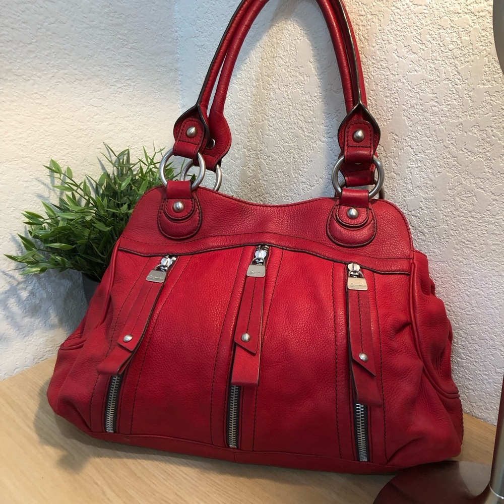 B Makowsky Red Pebbled Satchel w/ Dustbag